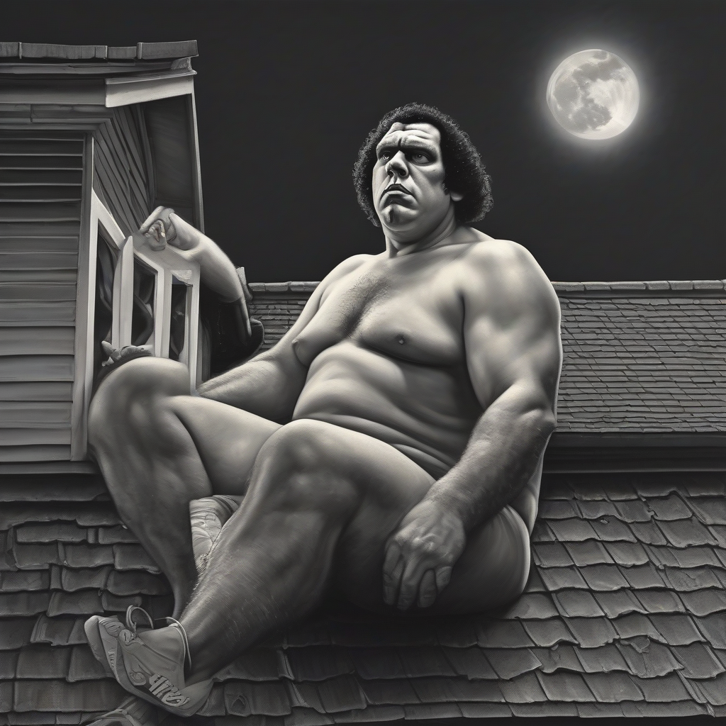 andre the giant sitting on a roof under the moon by मुफ्त एआई छवि जनरेटर - बिना लॉगिन के✨ | AIGAZOU