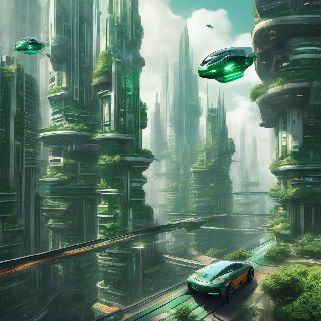 a future city with green skyscrapers and flying cars by मुफ्त एआई छवि जनरेटर - बिना लॉगिन के✨ | AIGAZOU