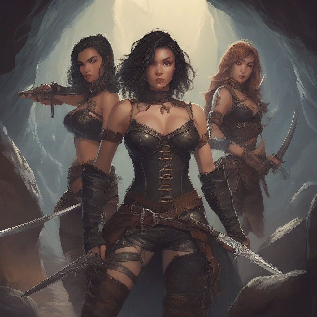 three young women in corsets and leather bustiers armed with swords lances and pistols in a cave with a chest by मुफ्त एआई छवि जनरेटर - बिना लॉगिन के✨ | AIGAZOU