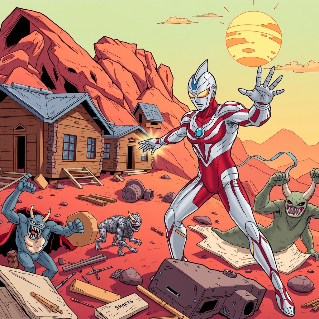 ultraman on mars building houses with monsters disrupting by मुफ्त एआई छवि जनरेटर - बिना लॉगिन के✨ | AIGAZOU