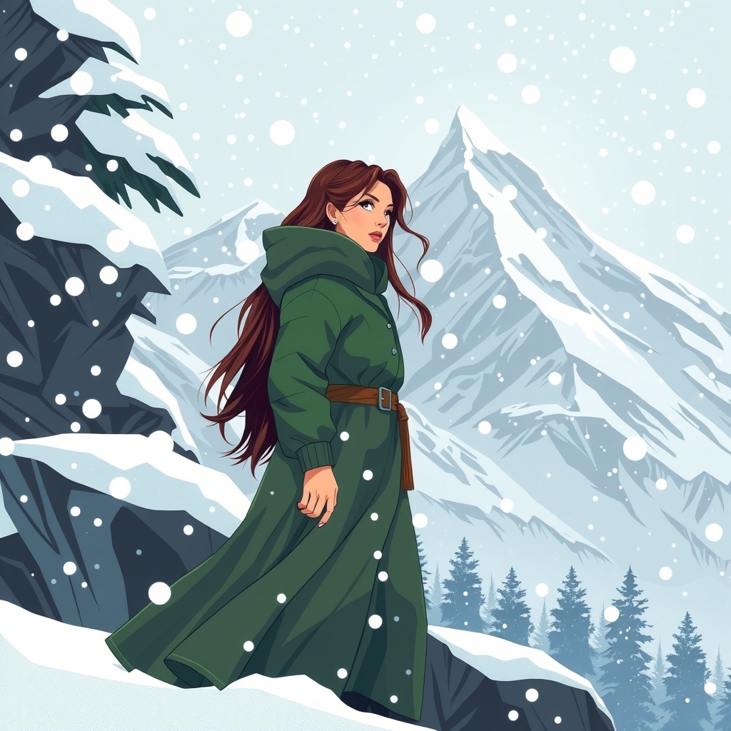 a woman in green standing in a snowy mountain by मुफ्त एआई छवि जनरेटर - बिना लॉगिन के✨ | AIGAZOU