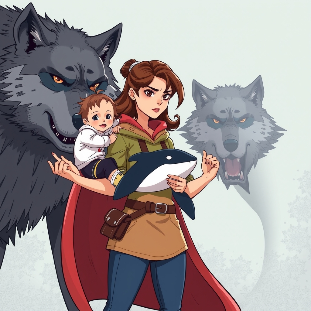 a superhero mom standing with a child and a killer whale plushie staring down a big bad wolf with a by मुफ्त एआई छवि जनरेटर - बिना लॉगिन के✨ | AIGAZOU