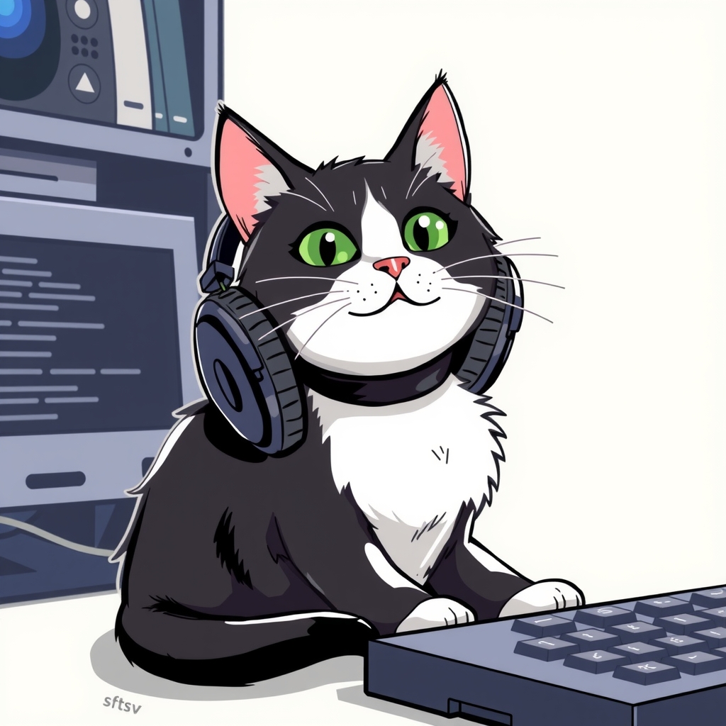 a black and white cat with headphones on a computer by मुफ्त एआई छवि जनरेटर - बिना लॉगिन के✨ | AIGAZOU