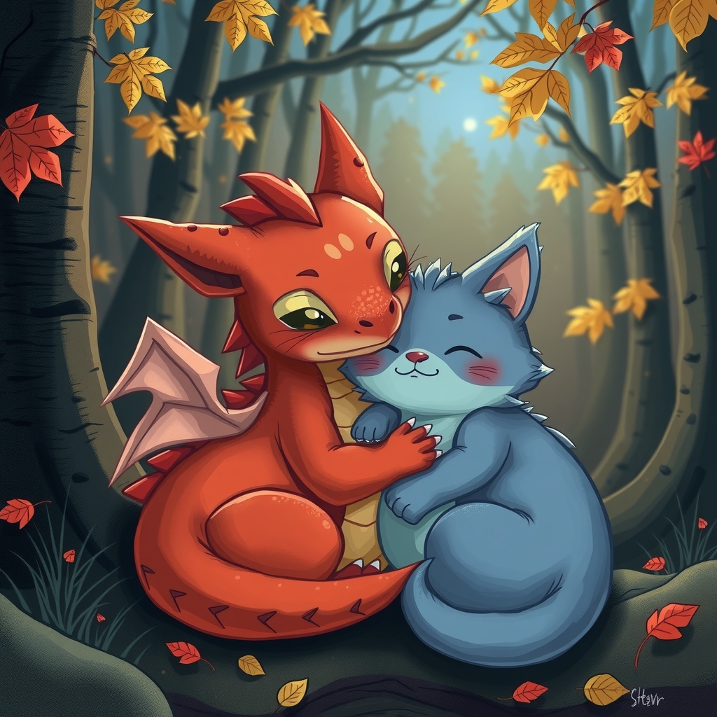 autumn night forest baby dragon blue cat by मुफ्त एआई छवि जनरेटर - बिना लॉगिन के✨ | AIGAZOU