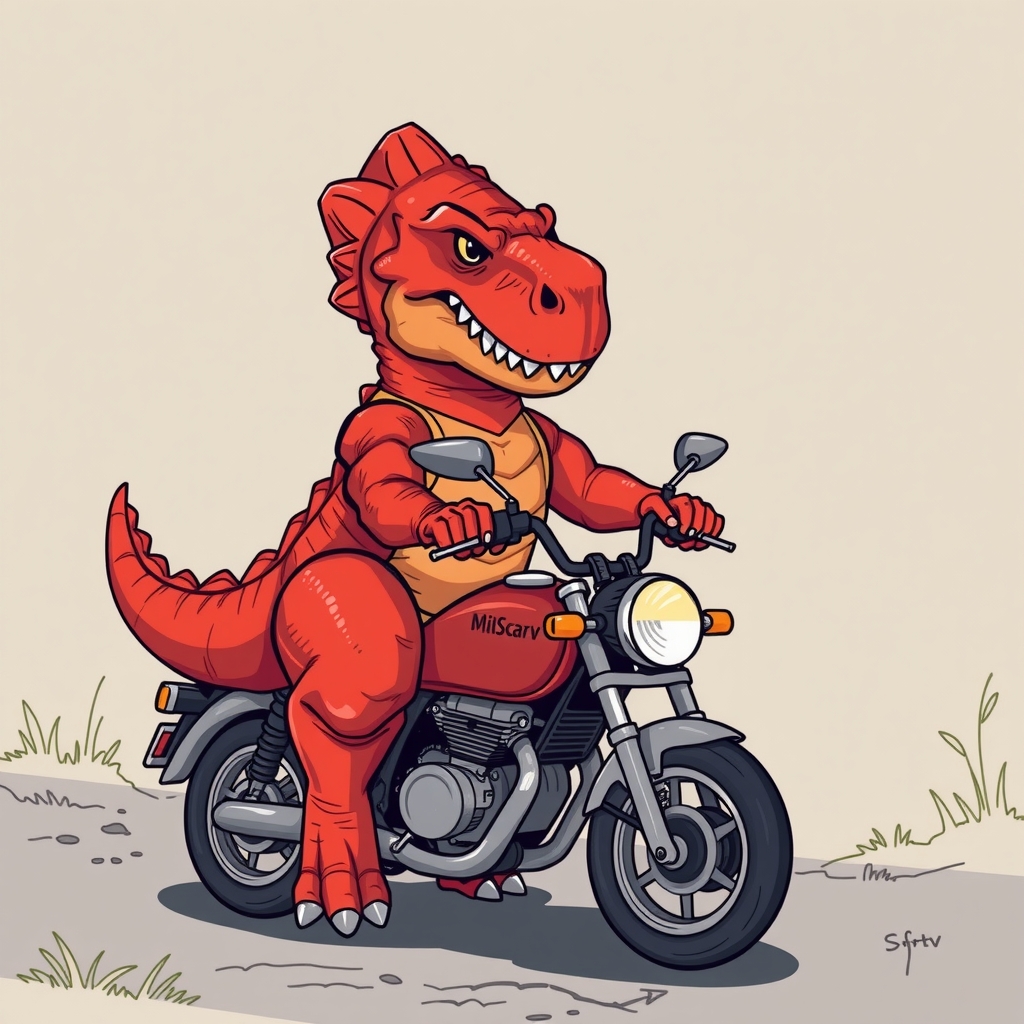 a muscular red dinosaur sits on a very small motorbike by मुफ्त एआई छवि जनरेटर - बिना लॉगिन के✨ | AIGAZOU