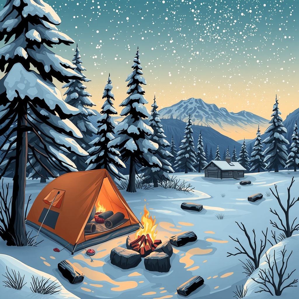 create a hidden object picture with winter camping theme by मुफ्त एआई छवि जनरेटर - बिना लॉगिन के✨ | AIGAZOU