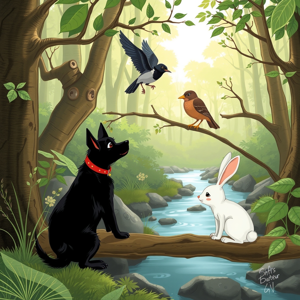 black dog bird rabbit meet bridge forest by मुफ्त एआई छवि जनरेटर - बिना लॉगिन के✨ | AIGAZOU