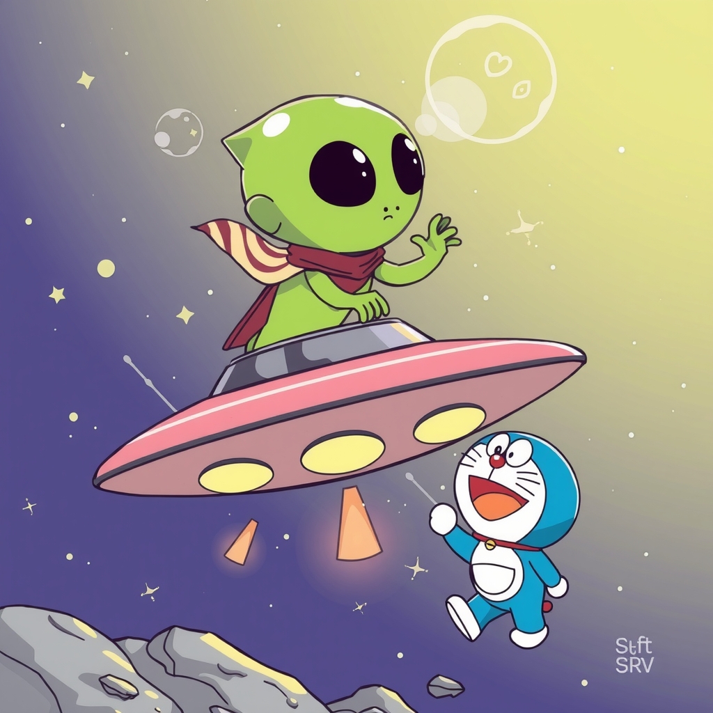 aliens riding ufo with doraemon by Free AI Image Generator & Maker - No login required✨ | AIGAZOU