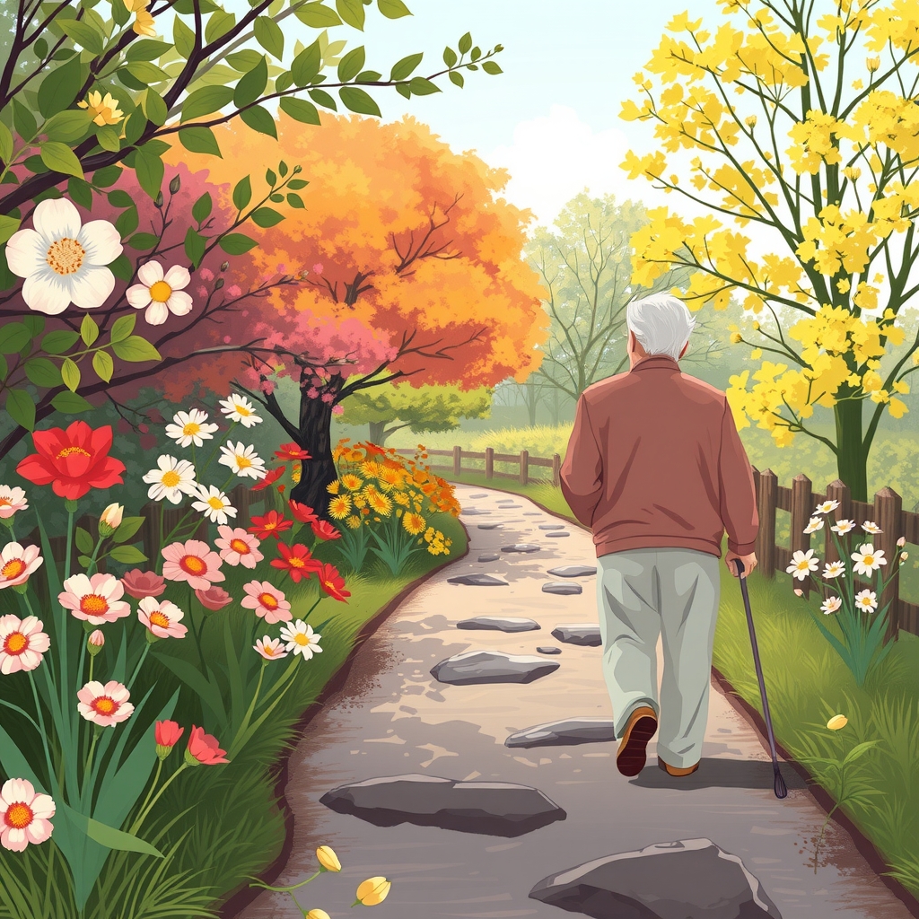 an elderly person walking down a path blooming with flowers by Générateur d'images par IA gratuit - Aucune connexion nécessaire✨ | AIGAZOU