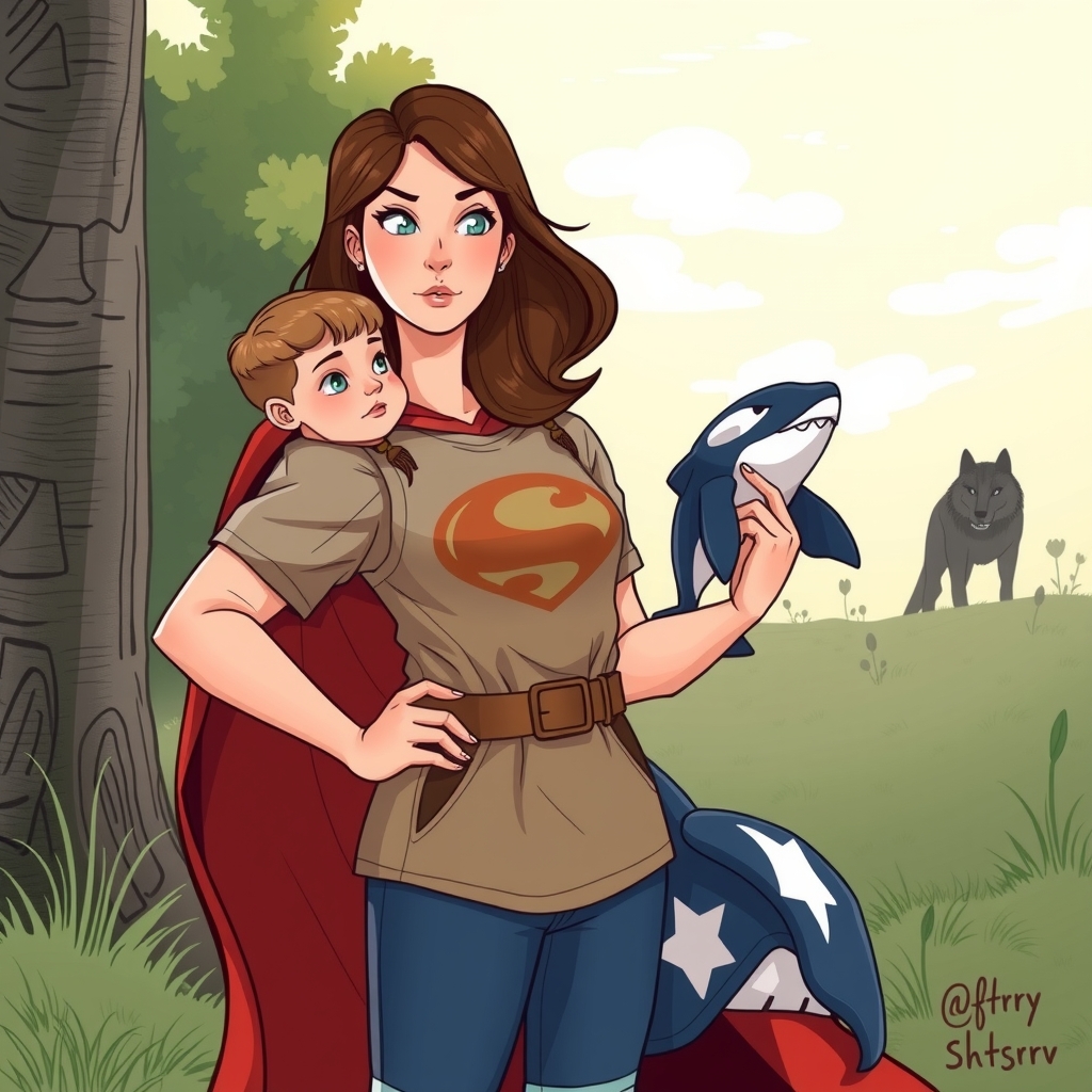 a superhero mom standing with a child and a killer whale plushie in outdoor background staring at a distant wolf by मुफ्त एआई छवि जनरेटर - बिना लॉगिन के✨ | AIGAZOU