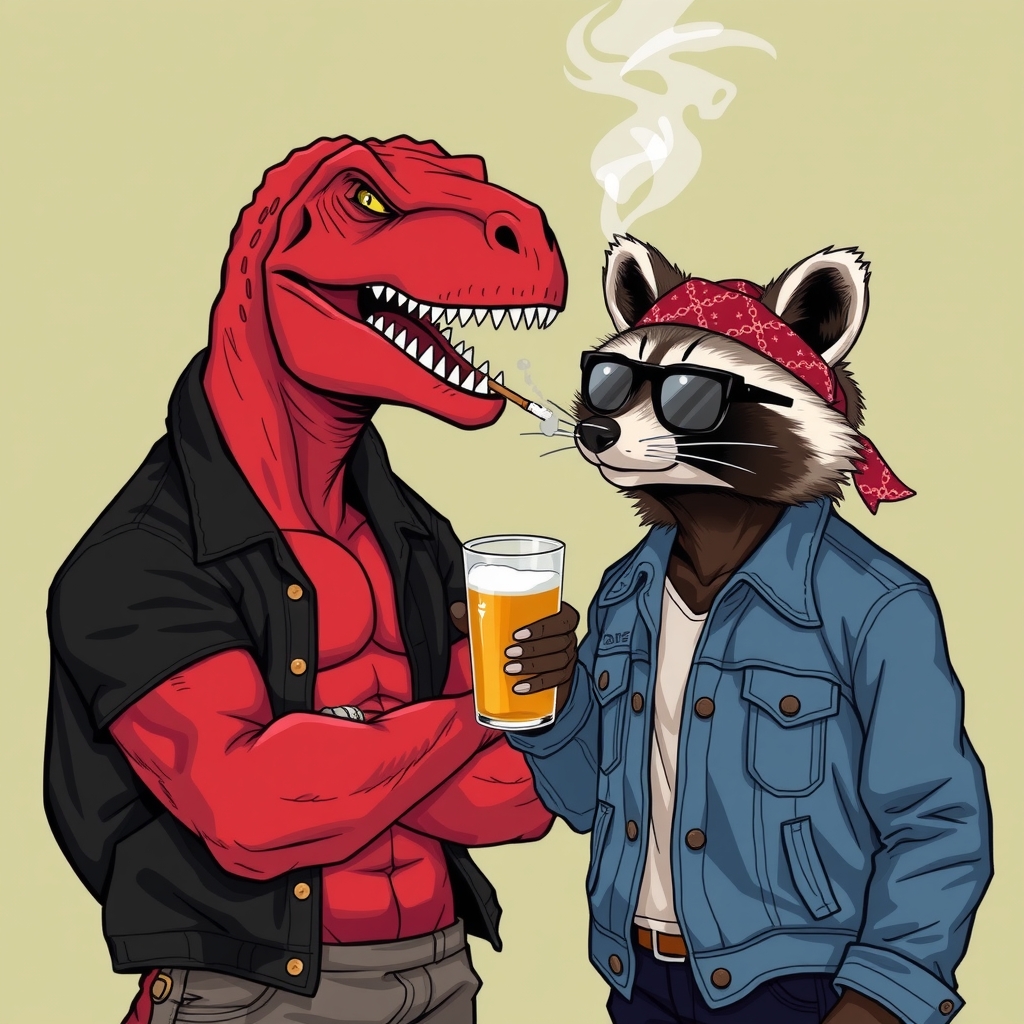 a muscular red dinosaur in black jeans jacket talking to a raccoon in jeans jacket with bandana and sunglasses drinking by मुफ्त एआई छवि जनरेटर - बिना लॉगिन के✨ | AIGAZOU