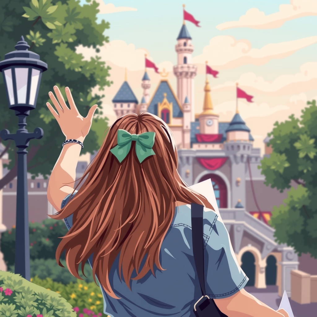 a woman waving at disneyland by मुफ्त एआई छवि जनरेटर - बिना लॉगिन के✨ | AIGAZOU