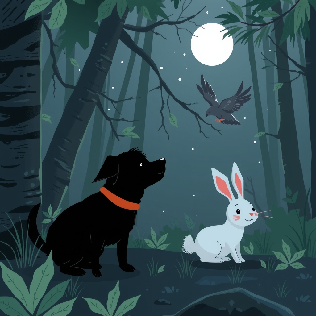 black dog bird rabbit lost in forest at night by मुफ्त एआई छवि जनरेटर - बिना लॉगिन के✨ | AIGAZOU