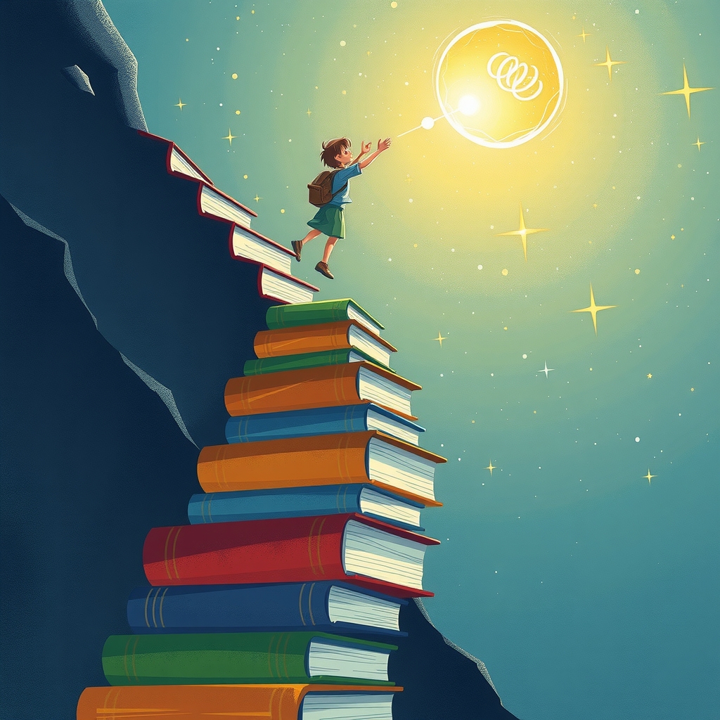 many books stacked stairs children climbing starry sky by मुफ्त एआई छवि जनरेटर - बिना लॉगिन के✨ | AIGAZOU