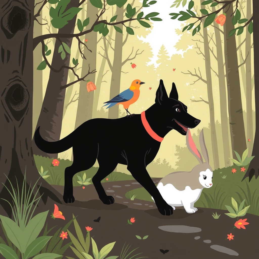 black dog bird rabbit walk in forest by मुफ्त एआई छवि जनरेटर - बिना लॉगिन के✨ | AIGAZOU