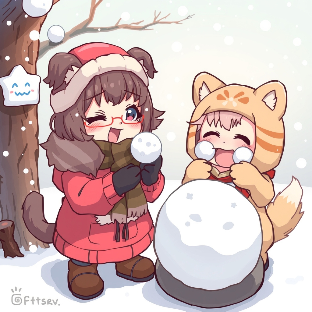 anime style anthropomorphic cute cat girl dog girl bear girl snow fight by मुफ्त एआई छवि जनरेटर - बिना लॉगिन के✨ | AIGAZOU