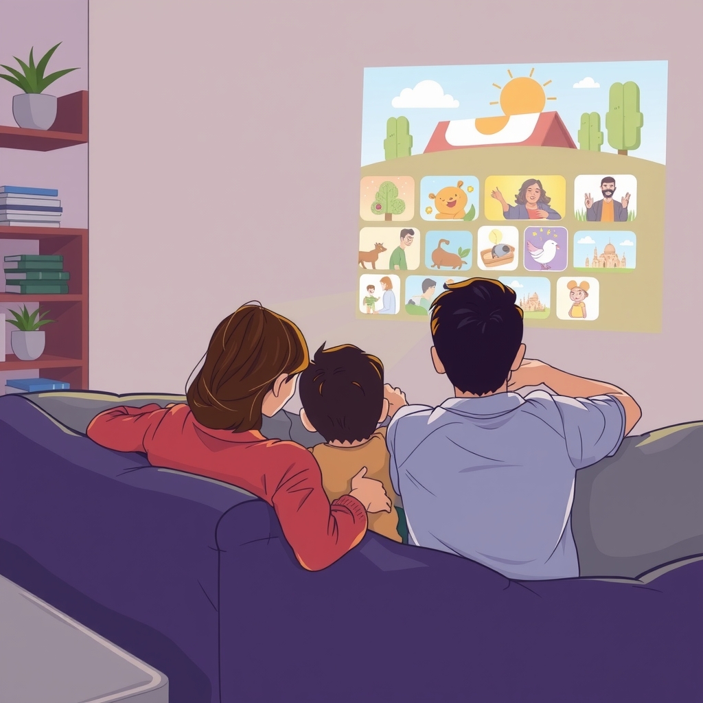 family watching pictures on wall with beamer by 免费AI图像生成工具 | AIGAZOU