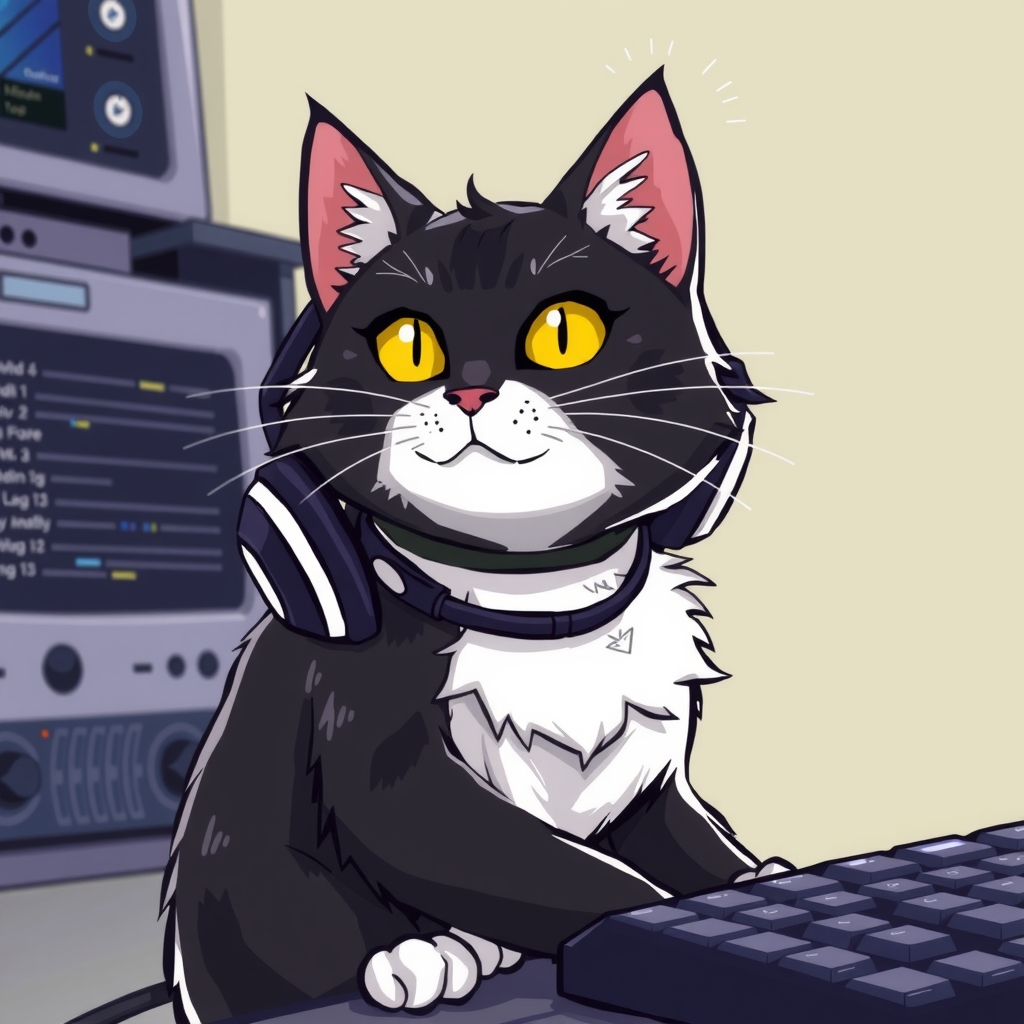 headphones around neck black and white yellow eyed cat with computer by मुफ्त एआई छवि जनरेटर - बिना लॉगिन के✨ | AIGAZOU