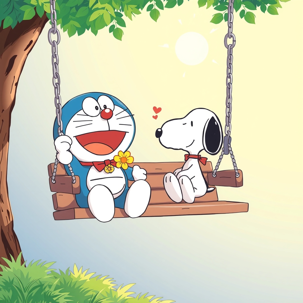 doraemon and snoopy on a swing by मुफ्त एआई छवि जनरेटर - बिना लॉगिन के✨ | AIGAZOU