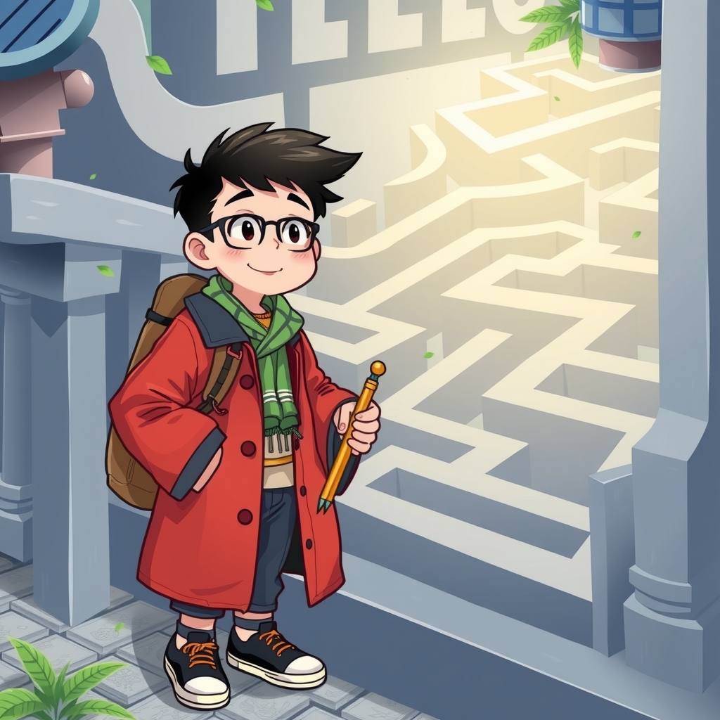 chinese student with compass at math maze entrance by मुफ्त एआई छवि जनरेटर - बिना लॉगिन के✨ | AIGAZOU