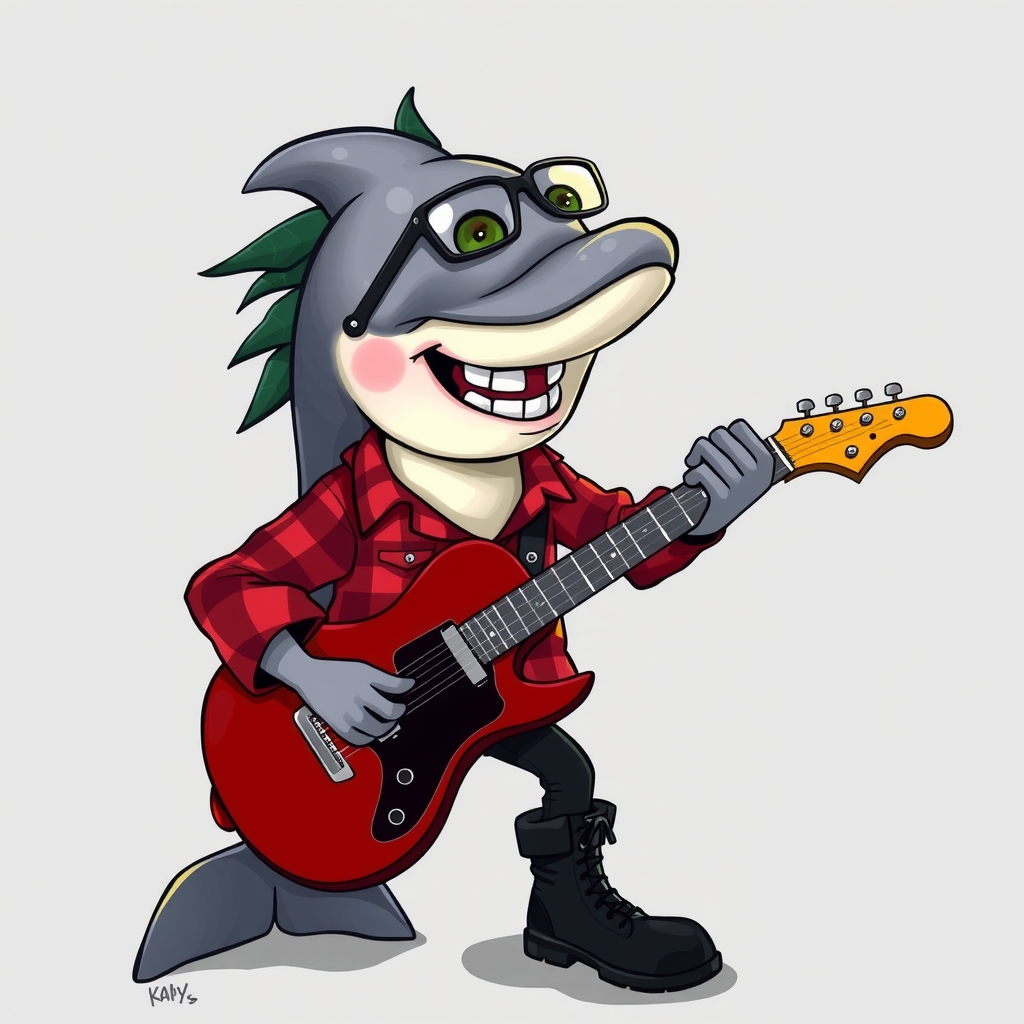 a green eyed punk haired dolphin in a red checkered shirt black pants and black leather boots plays guitar with by मुफ्त एआई छवि जनरेटर - बिना लॉगिन के✨ | AIGAZOU