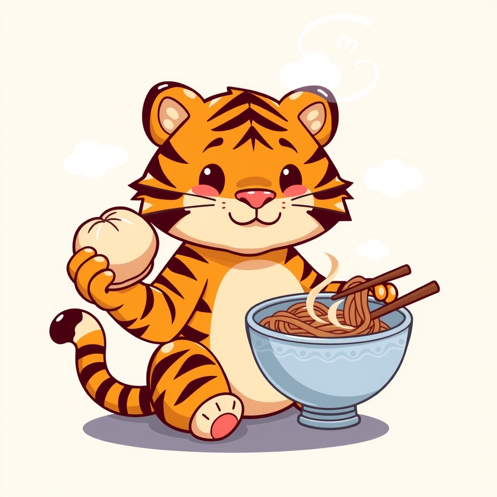 a cute tiger holding a steamed bun and noodles by मुफ्त एआई छवि जनरेटर - बिना लॉगिन के✨ | AIGAZOU