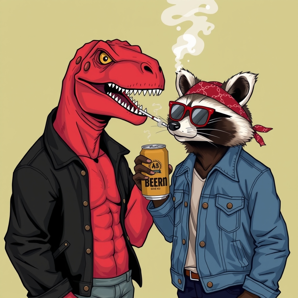 a red muscular dinosaur with black jeans jacket talking to a raccoon with bandana and sunglasses drinking a can of by मुफ्त एआई छवि जनरेटर - बिना लॉगिन के✨ | AIGAZOU