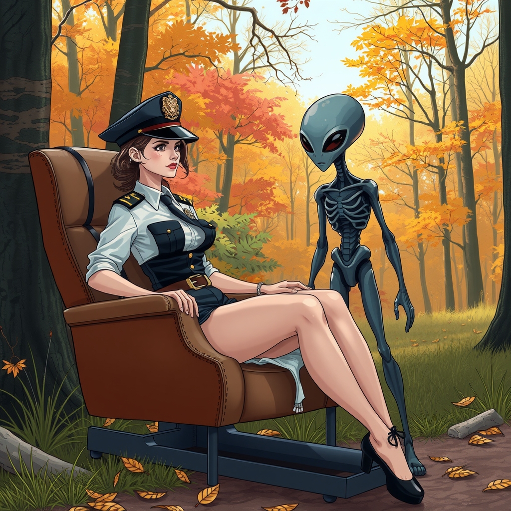 a policeman in a forest on a designer chair being examined by an alien by मुफ्त एआई छवि जनरेटर - बिना लॉगिन के✨ | AIGAZOU