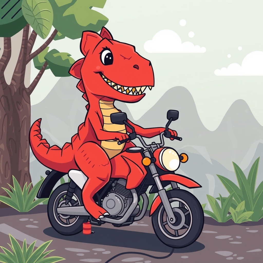 a red dinosaur sitting on a small motorbike by मुफ्त एआई छवि जनरेटर - बिना लॉगिन के✨ | AIGAZOU