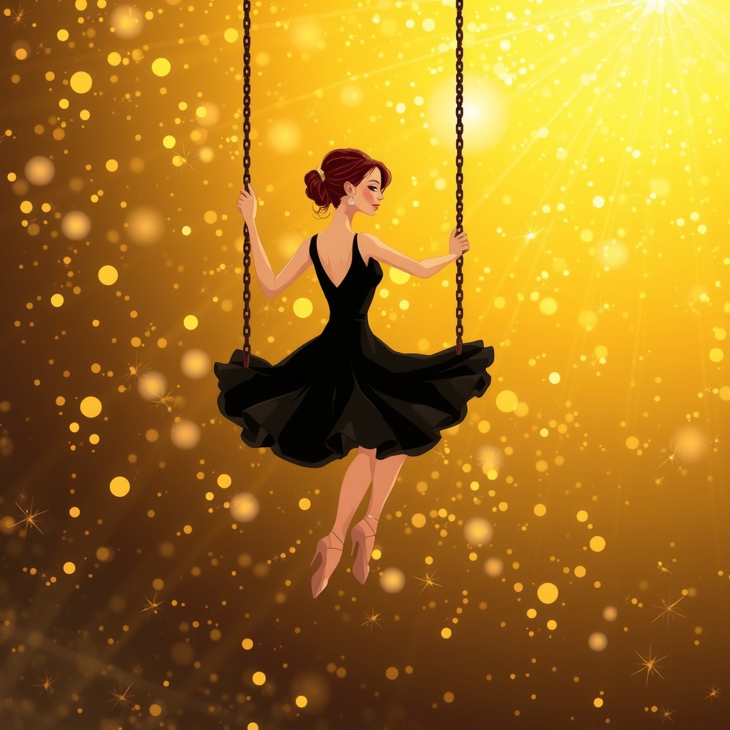 a golden background a dancer in a black dress sits on a swing by मुफ्त एआई छवि जनरेटर - बिना लॉगिन के✨ | AIGAZOU