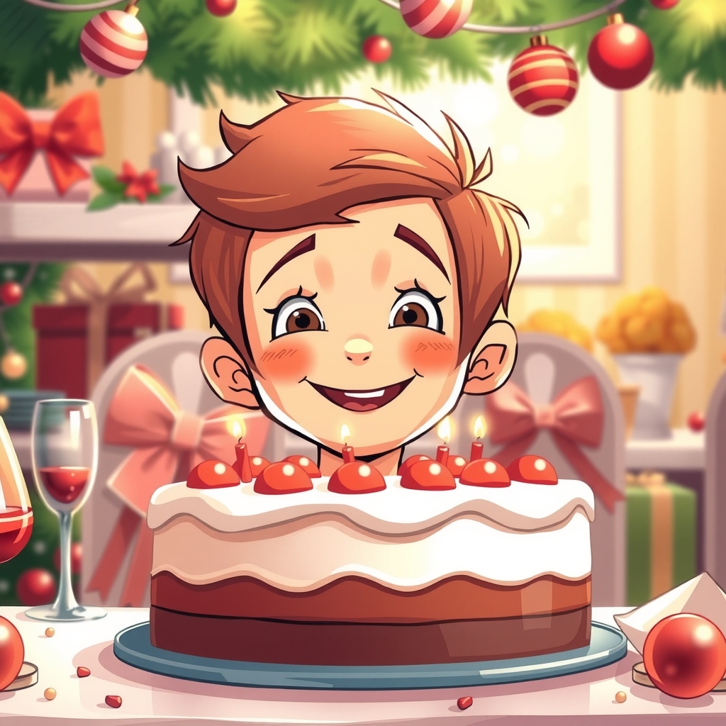 a boy smiling in front of a cake at a christmas party by मुफ्त एआई छवि जनरेटर - बिना लॉगिन के✨ | AIGAZOU