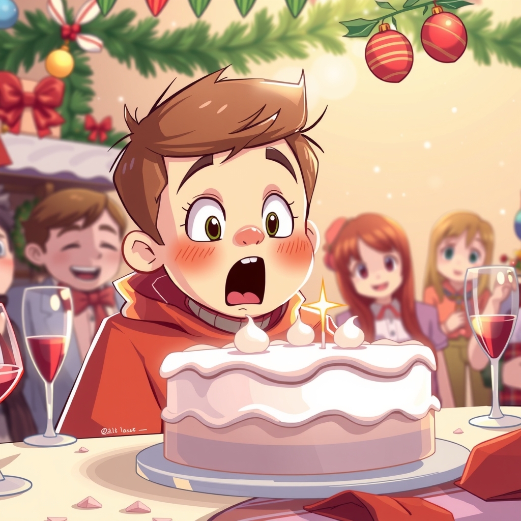 a boy makes a surprised face in front of the cake at a christmas party by मुफ्त एआई छवि जनरेटर - बिना लॉगिन के✨ | AIGAZOU