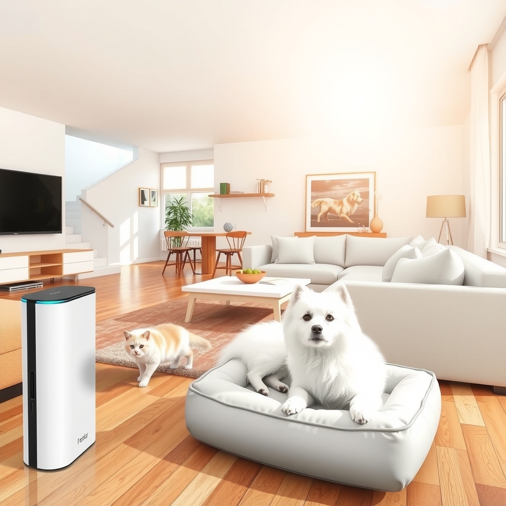 modern living room with pet area and air purifier by Générateur d'images par IA gratuit - Aucune connexion nécessaire✨ | AIGAZOU