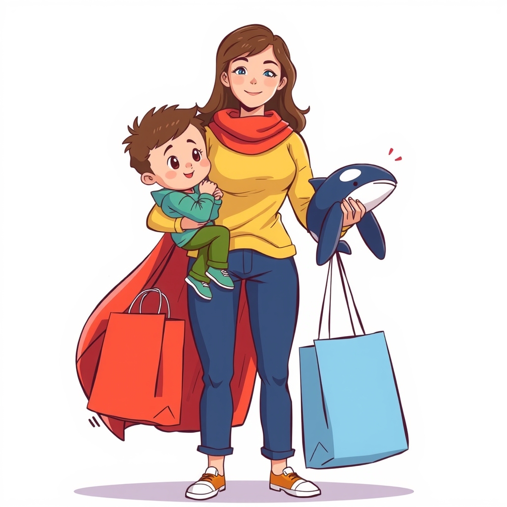 a superhero mom holding a boy and dolphin with shopping bags by मुफ्त एआई छवि जनरेटर - बिना लॉगिन के✨ | AIGAZOU