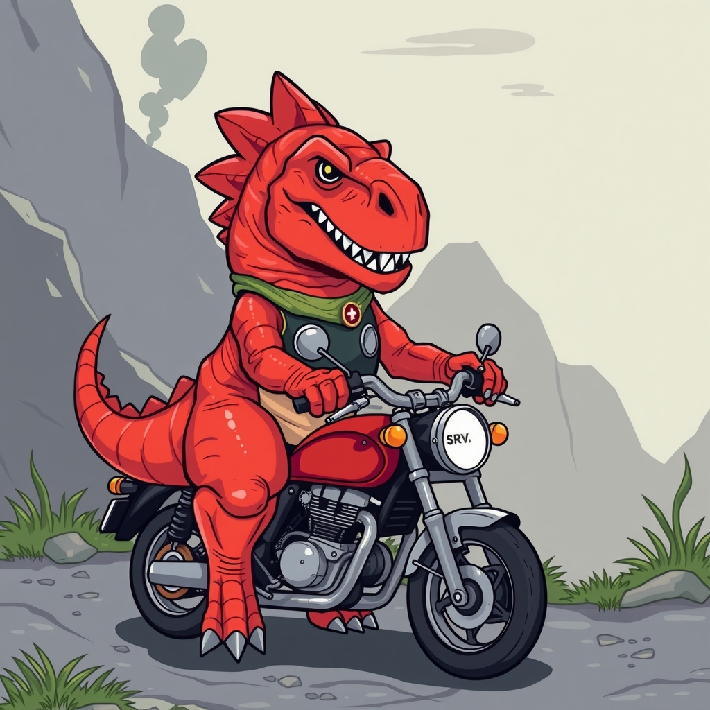 a muscular red dinosaur sits on a small motorbike by मुफ्त एआई छवि जनरेटर - बिना लॉगिन के✨ | AIGAZOU