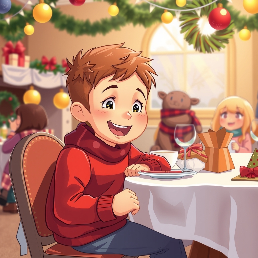 a boy sitting happily at a table at a christmas party by मुफ्त एआई छवि जनरेटर - बिना लॉगिन के✨ | AIGAZOU