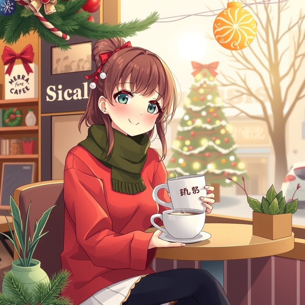 a lovely anime style woman spending christmas day at a nice cafe by मुफ्त एआई छवि जनरेटर - बिना लॉगिन के✨ | AIGAZOU