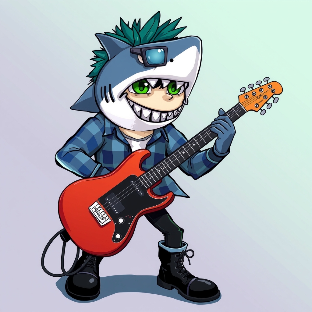 a punk haired shark with green eyes in a blue checkered shirt black pants and black leather boots plays guitar by Générateur d'images par IA gratuit - Aucune connexion nécessaire✨ | AIGAZOU