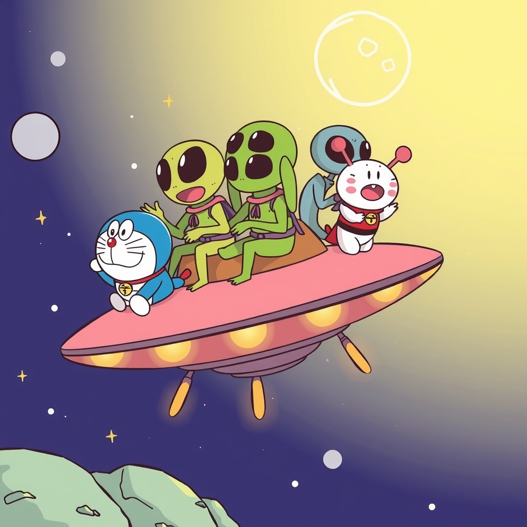 aliens riding ufo with doraemon and anpanman by मुफ्त एआई छवि जनरेटर - बिना लॉगिन के✨ | AIGAZOU