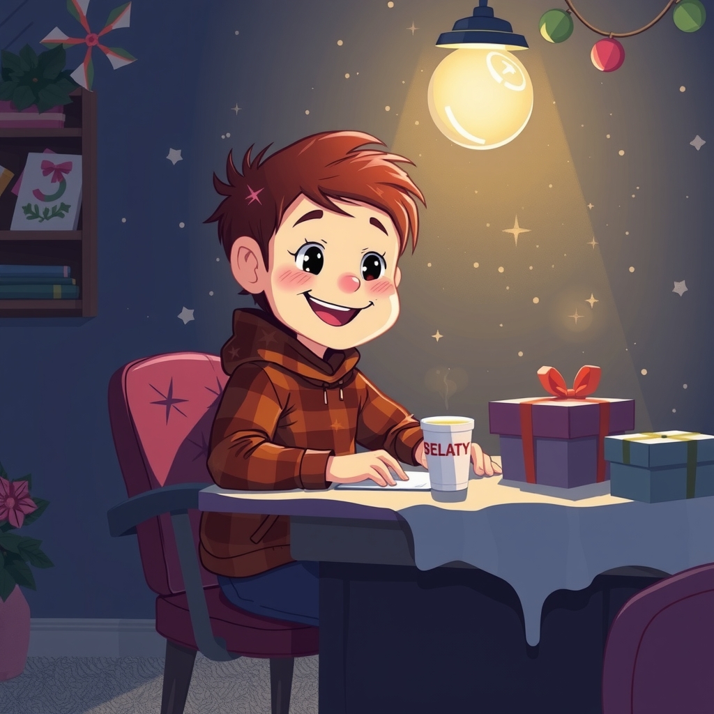 a boy sitting happily at a desk in a dark room at a christmas party by मुफ्त एआई छवि जनरेटर - बिना लॉगिन के✨ | AIGAZOU