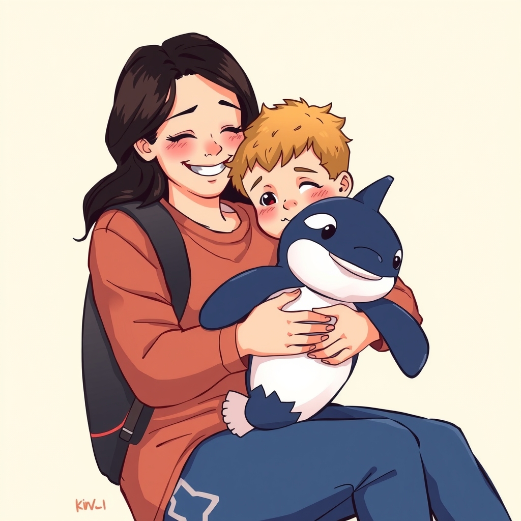 a mother holding a kindergarten boy and a small orca plush like a strong kangaroo by मुफ्त एआई छवि जनरेटर - बिना लॉगिन के✨ | AIGAZOU