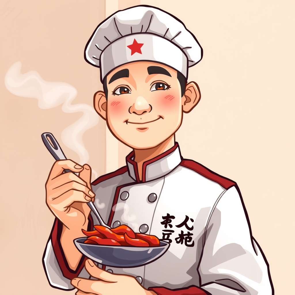 a young chinese veteran chef with laobing logo by मुफ्त एआई छवि जनरेटर - बिना लॉगिन के✨ | AIGAZOU