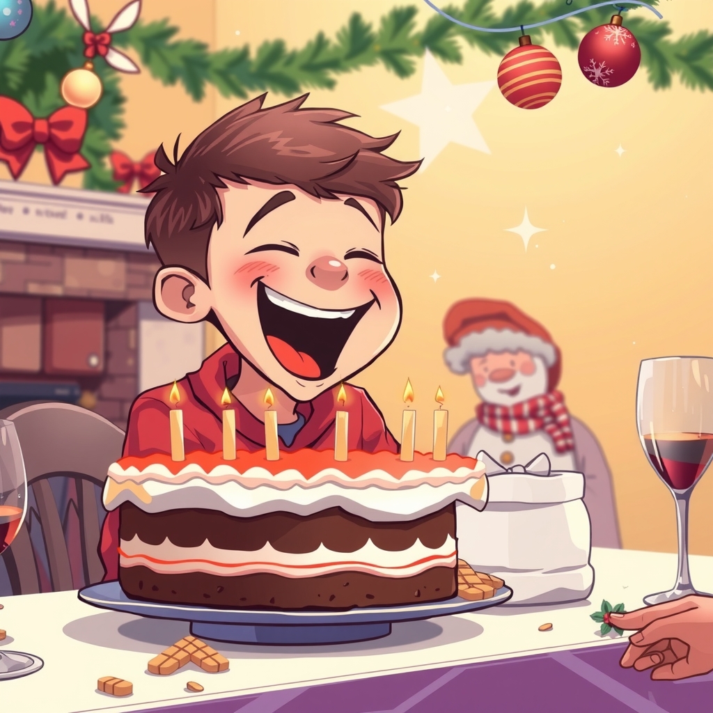 a boy laughing at a cake at a christmas party by मुफ्त एआई छवि जनरेटर - बिना लॉगिन के✨ | AIGAZOU