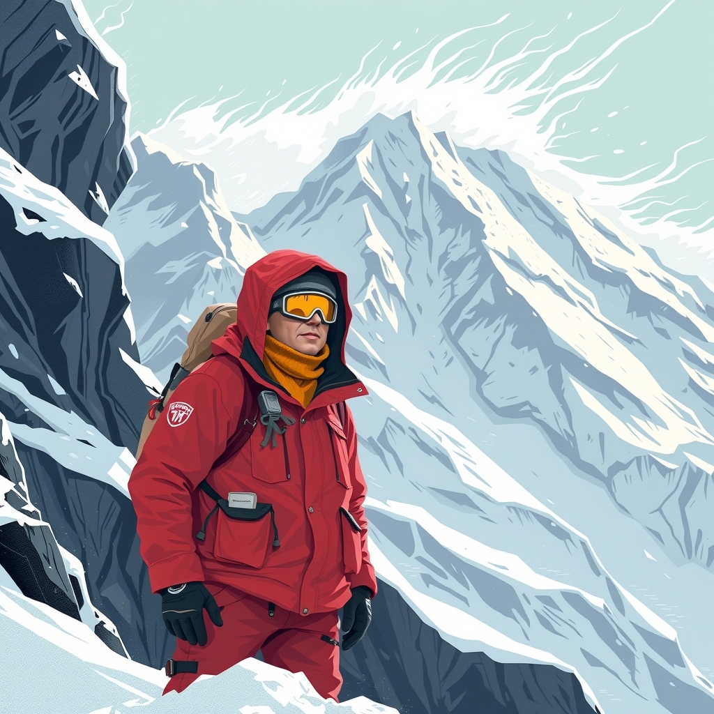 a mountaineer in red standing in a snowy mountain by मुफ्त एआई छवि जनरेटर - बिना लॉगिन के✨ | AIGAZOU