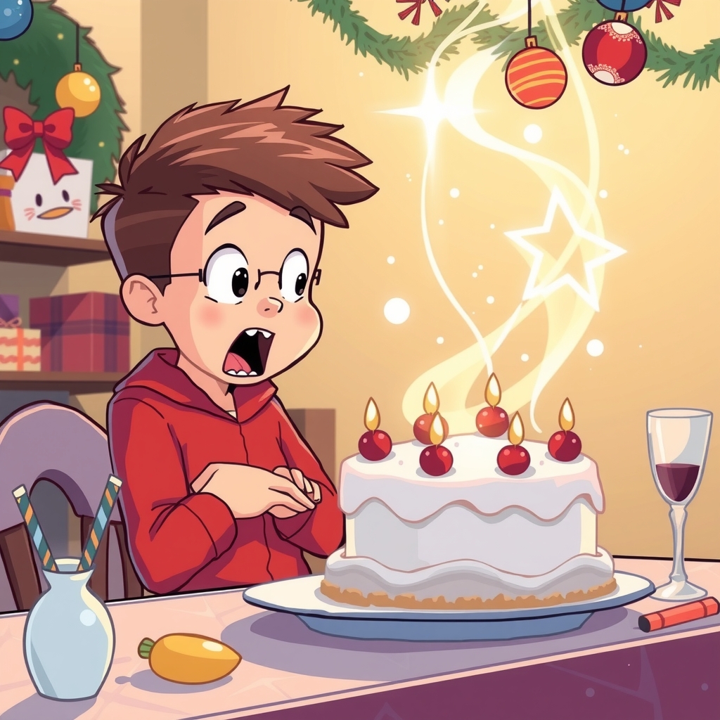 a boy surprised by a cake at a christmas party by मुफ्त एआई छवि जनरेटर - बिना लॉगिन के✨ | AIGAZOU