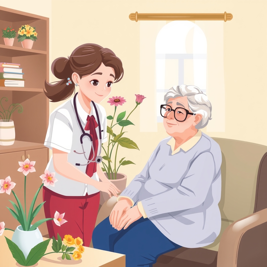 a nurse cares for an elderly person in a room with flowers by मुफ्त एआई छवि जनरेटर - बिना लॉगिन के✨ | AIGAZOU