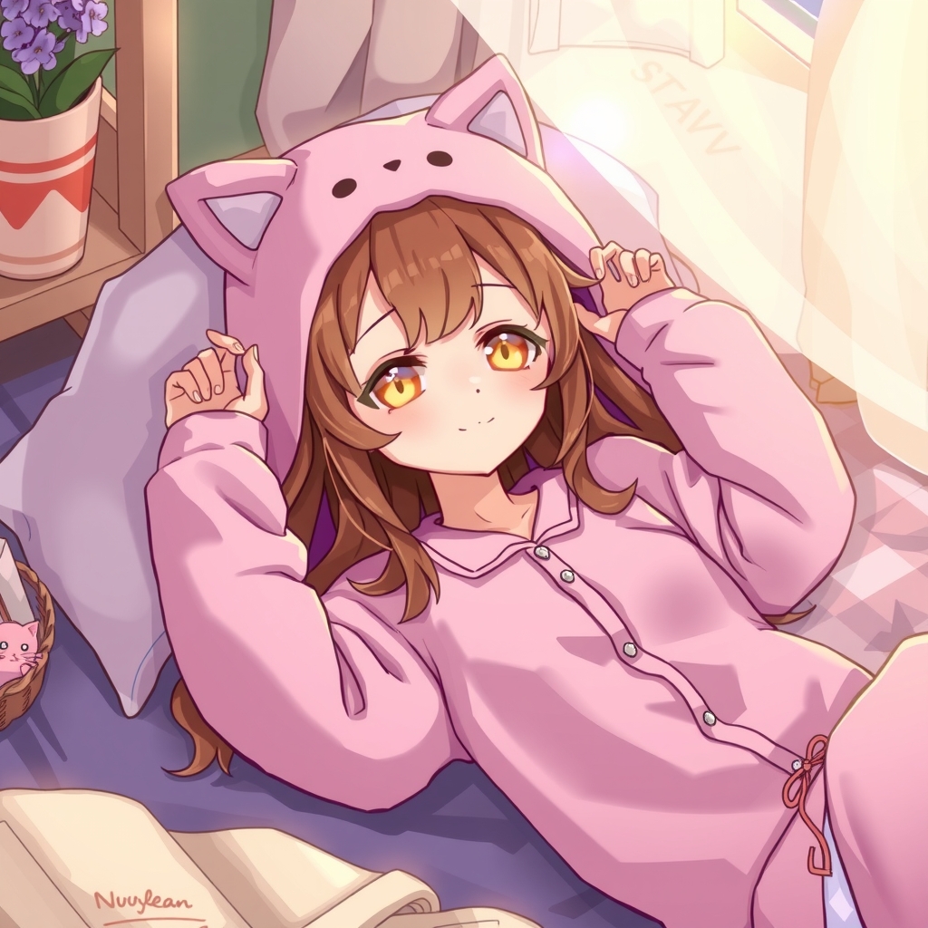 a girl in cat ears pajamas relaxing at home by Free AI Image Generator & Maker - No login required✨ | AIGAZOU