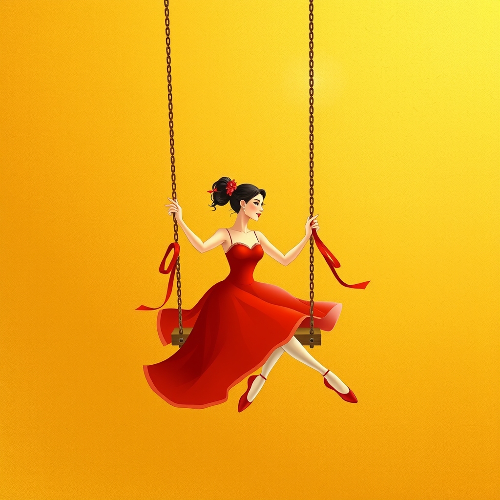 a golden background a dancer in a red dress sits on a swing by मुफ्त एआई छवि जनरेटर - बिना लॉगिन के✨ | AIGAZOU