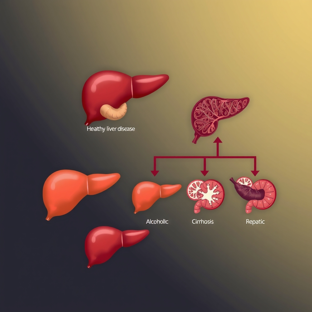 healthy liver to alcoholic fatty liver disease to alcoholic steatohepatitis to cirrhosis to hepatocellular carcinoma by मुफ्त एआई छवि जनरेटर - बिना लॉगिन के✨ | AIGAZOU