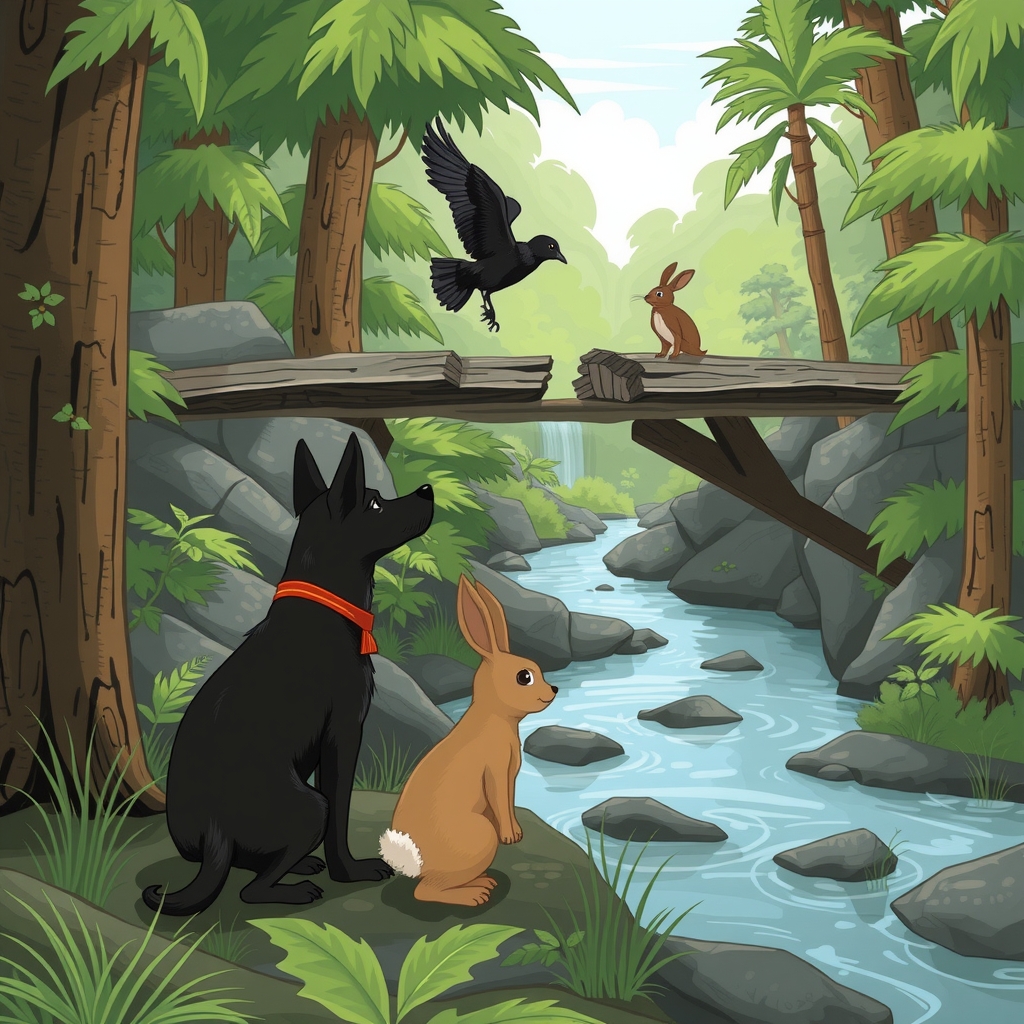 black dog bird rabbit meet broken bridge in forest by मुफ्त एआई छवि जनरेटर - बिना लॉगिन के✨ | AIGAZOU